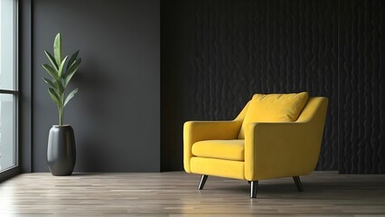 Modern Minimalist Interior Design Yellow Accent Chair in Dark Room