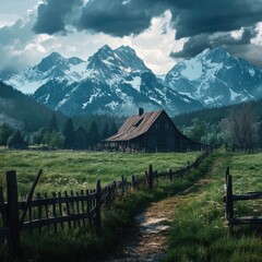 Mountain valley farmhouse,  rural path, dramatic sky, peaceful scene. Possible use stock photo