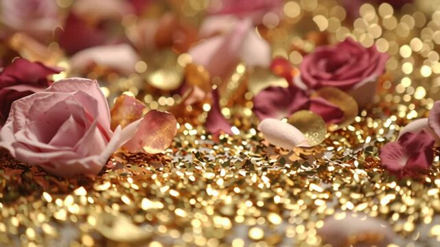 Romantic Rose Petals and Golden Confetti Scattered on a Table Generative AI