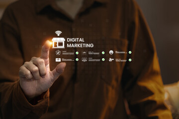 People interacting with a futuristic digital marketing interface, pointing at an online store icon...
