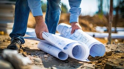 Architect reviewing blueprints at a construction site.