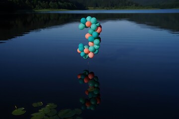 Balloons shaped like the number three floating above a lake with a mountain in the background view