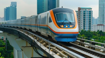 Naklejka premium High-speed train traveling on an elevated track.