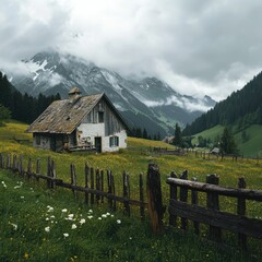 Alpine meadow hut; cloudy mountain range; tranquil scenery