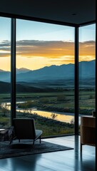 Modern home, valley view, sunrise, calm.  Possible use Interior design