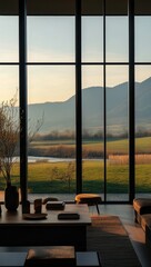 Modern home, serene valley view, sunset. Interior, peaceful
