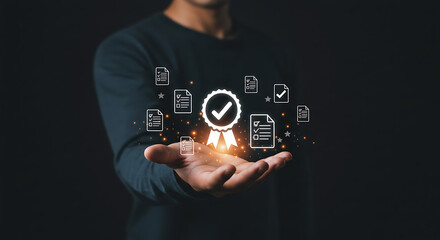Person holding hand with check mark badge and document icons floating around in dark background