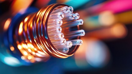 Fiber optic cable close-up, illuminated wires, technology