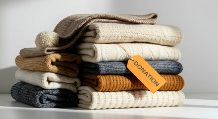 Stacked knitted sweaters ready for donation