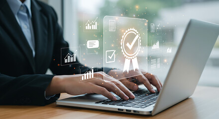 Person typing on a laptop with digital certification and data analysis graphics overlayed on the screen