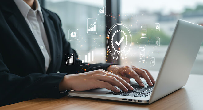 Businesswoman typing on laptop with data analytics and quality assurance icons overlaying the screen