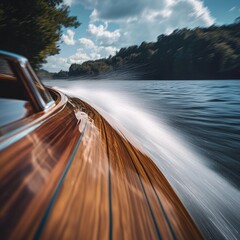 Wooden boat moving on river; trees, sky.  Stock photo
