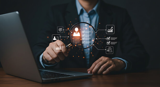 Businessman using laptop with magnifying glass analyzing digital checklist and data analytics icons