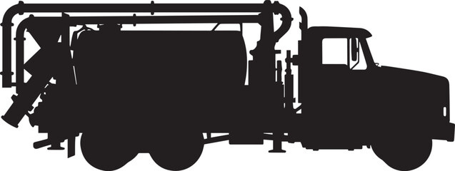 Grout Pump Truck Flat Black Silhouette with Visible Pump Hoses and Tank, Specialized Construction Vehicles on Transparent Background