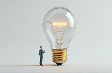 ひらめきを得るミニチュアビジネスマンと巨大な電球のコンセプト写真