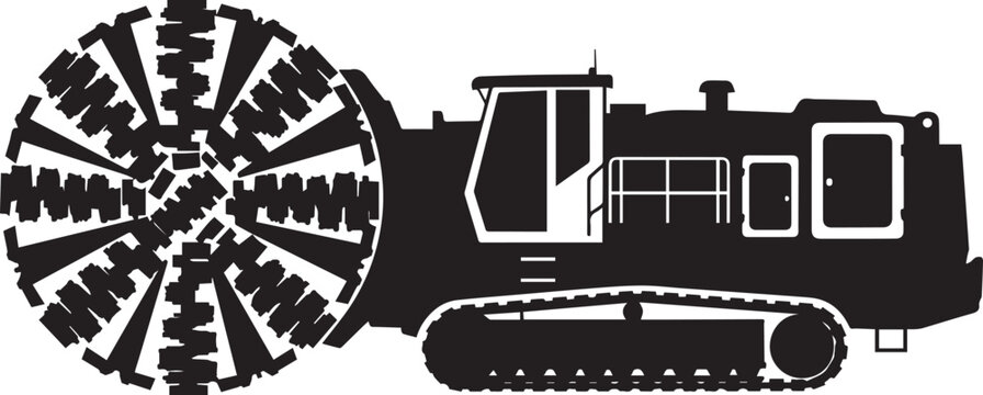 Tunnel Boring Machine (TBM) Flat Black Silhouette with Cutter Head and Rear Support, Specialized Construction Vehicles on Transparent Background