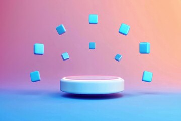 A futuristic floating white platform surrounded by levitating blue cubes on a gradient pink and blue background.