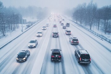 Blizzard conditions over major highway with slow moving traffic, aerial perspective