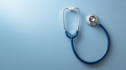 A blue stethoscope lies on a light blue background
