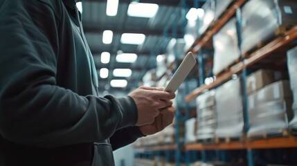 Warehouse worker using a digital tablet to manage inventory and shipments.