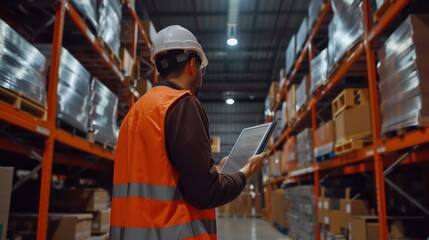 Warehouse worker using a digital tablet to manage inventory and shipments.