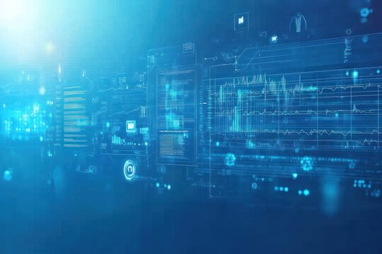 Abstract digital data visualization showcasing dynamic charts, graphs, and icons on a blue background, representing complex information flow and technological advancement