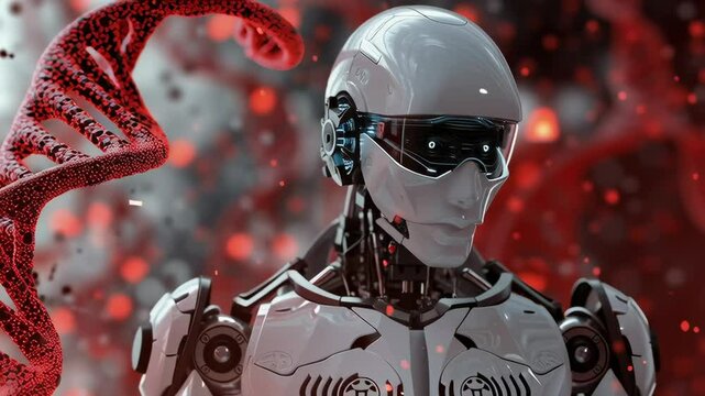 A robot with a DNA strand in its hand. The robot is white and red. The robot is in a futuristic setting