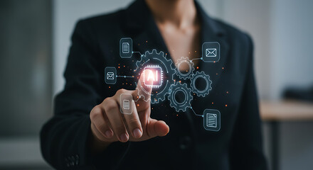 A business person interact digital technology of data processing and digital transformation. A futuristic concept and digital innovation