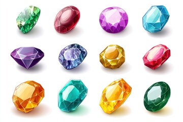 birthstone gem set vector, 12 colorful gemstones labeled by month, clean white background