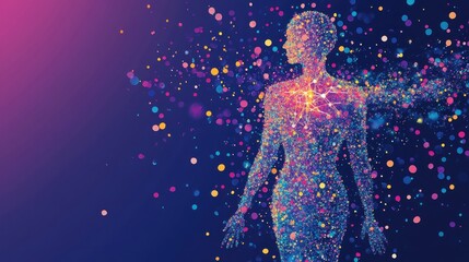 Colorful, abstract female figure formed from glowing particles, set against a dark, gradient background