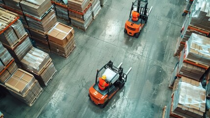 Workers using forklifts to move pallets in a distribution center.