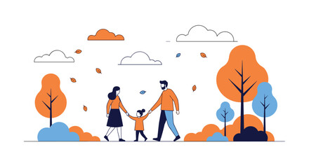 A happy family enjoys a beautiful autumn day walking through a park surrounded by colorful trees and falling leaves creating a warm and inviting atmosphere
