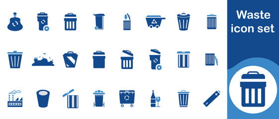 Waste icon set, shredder, pollution water analysis, medical, radioactive, pollution, excavator, biohazard drum, warning, solid, collection, green energy and more