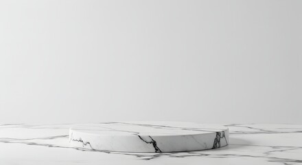 Minimalist White Marble Product Podium with Black Veins on White Background