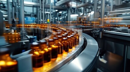 Automated pharmaceutical production line with amber vials moving along a conveyor belt