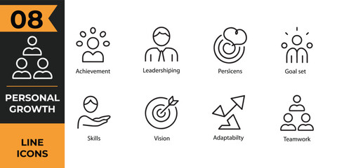 Personal Growth Line Icon Set – Leadership, Skills, Vision & Teamwork