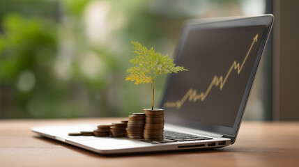 Stack coin graph laptop keyboard, connection business, ample capture essence  entrepreneurship.