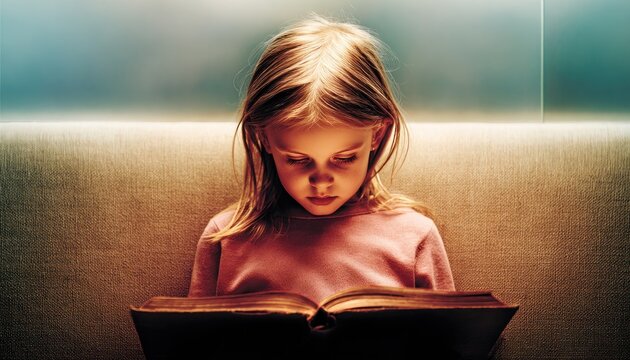 Young girl engrossed in reading an antique book