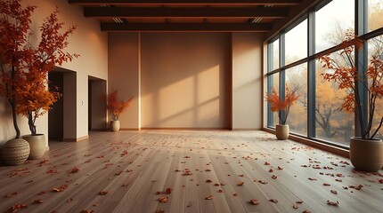 Fototapeta premium Autumn serenity, illuminated room with potted plants and falling leaves