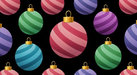 Seamless Pattern of Colorful Christmas Ornaments with Gold Caps