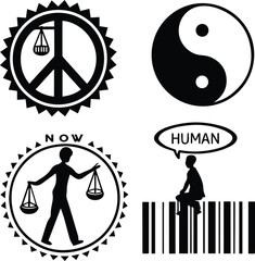 Black and white vector icon set with symbols for business, justice, people, sport, and web design