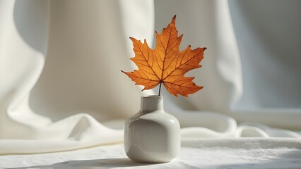 Autumn Still Life A Single Orange Maple Leaf in a White Vase