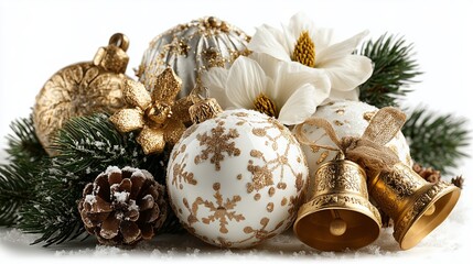 Christmas decoration. Festive Christmas decorations with gold accents and pine elements.