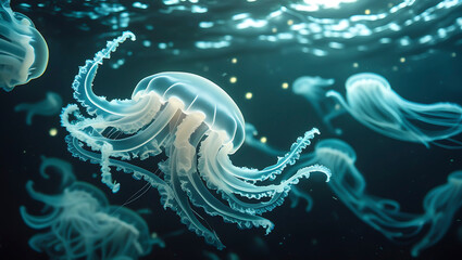 Translucent Jellyfish in Blue Ocean, Underwater Marine Life