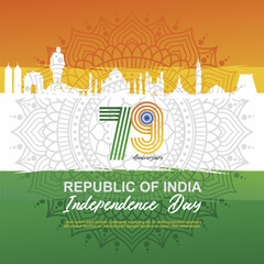 79th Independence Day India 2025 abstract vector illustration design. 79th logo, monuments and India flag background. Best for Bhaarat Svatantrata Divas or Independence Day greeting design