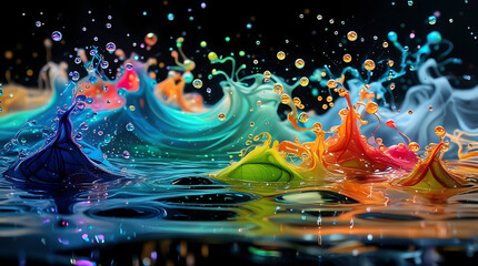 Vibrant Iridescent Water Waves and Splashes, Colorful Liquid Motion