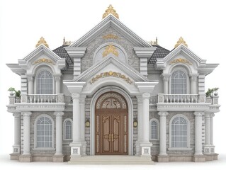 Grand Stone Mansion with Ornate Detailing and Golden Accents
