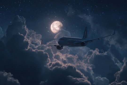 Majestic Airplane Flying Through Illuminated Night Sky with Full Moon and Glowing Clouds, Capturing the Essence of Nighttime Travel and Aerial Serenity in Atmospheric Beauty