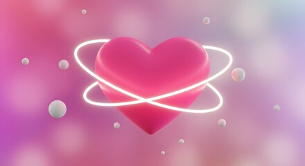 3D Pink Heart with Glowing White Orbits on Blurred Pink and Purple Background