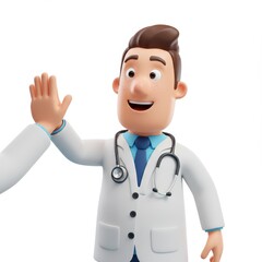 Fototapeta premium Cheerful Cartoon Doctor Giving High Five Against White Background
